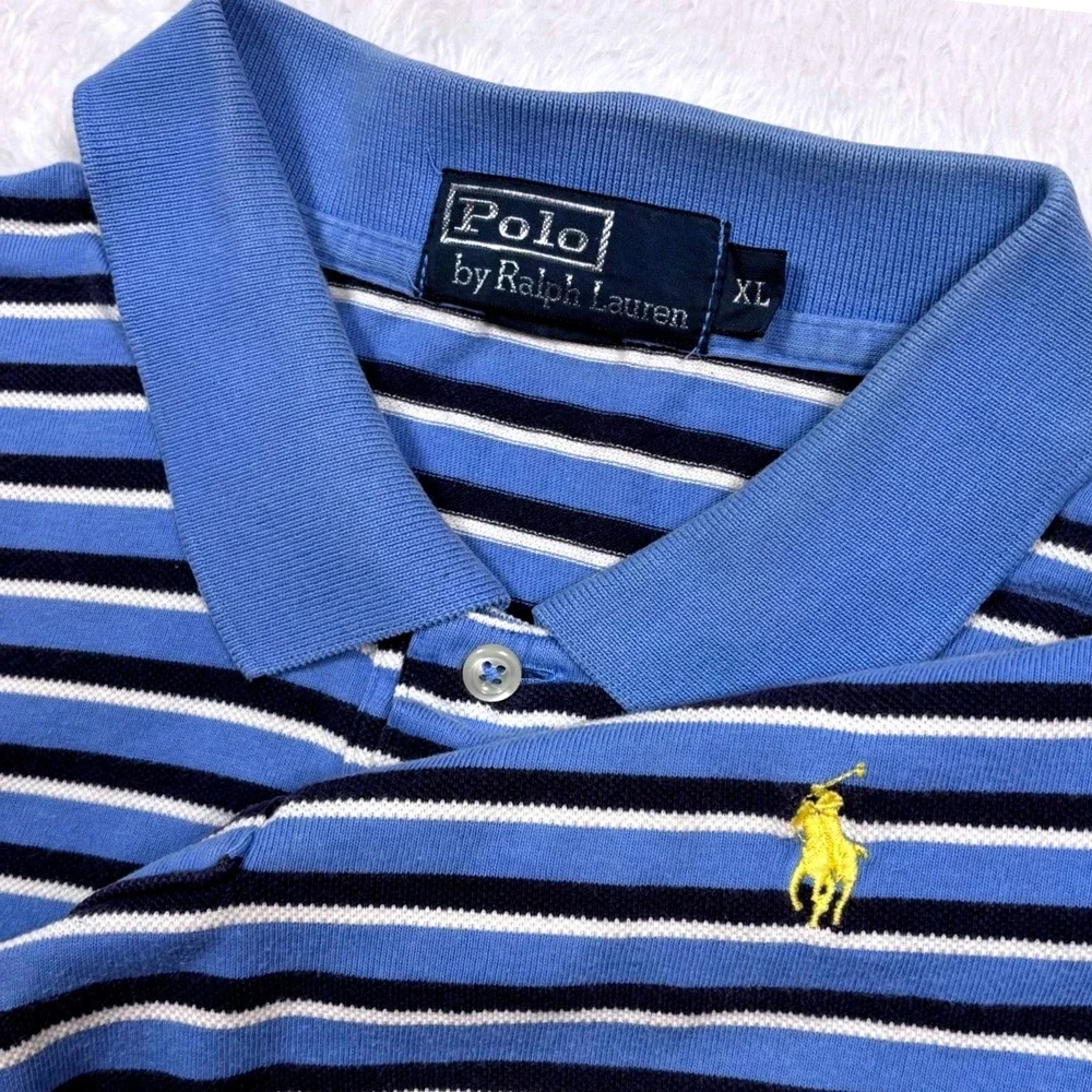 Polo‎ Ralph Lauren Polo Shirt Men XL Blue Striped Short Sleeve Yellow PONY LOGO